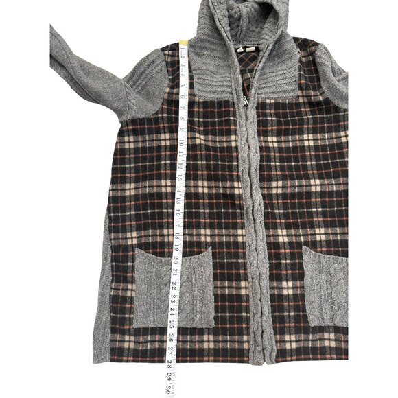 Anthropologie Moth Derry Plaid Jacket Hooded Cable Knit Sweater Wool Women Sz L - Picture 7 of 10